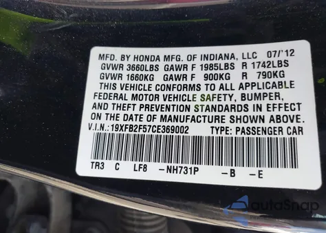 2012 Honda Civic Lx z USA, uszkodzony, nr VIN 19XFB2F57CE369002